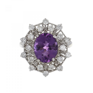 Vogt Silversmiths White 14K Gold Amethyst Cluster/Halo Ring with Diamonds