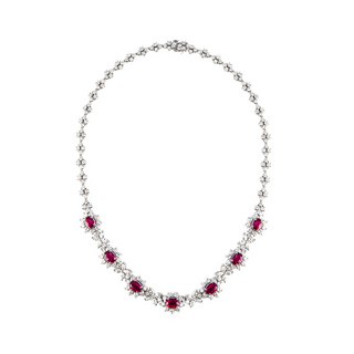 Estate Platinum Ruby and Diamond Cluster Necklace