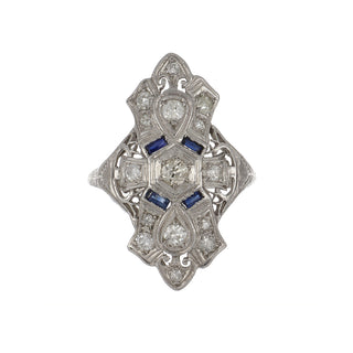 White Platinum Synthetic Sapphires Navette Ring with Diamonds