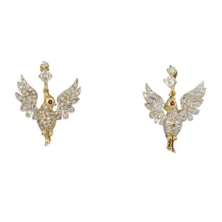 Edwardian 18K Gold Diamond Hummingbird Earrings with Rubies