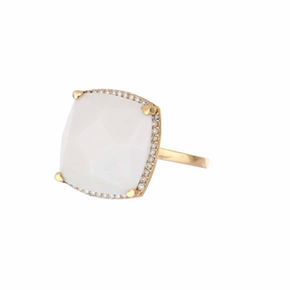 Lisa Nik 18K Rose Gold White Agate and Diamond Halo Ring