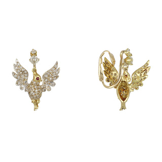 Edwardian 18K Gold Diamond Hummingbird Earrings with Rubies