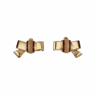 Retro 18K Gold Ribbon Earrings with Rubies