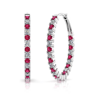 Tenenbaum Collection White 14K Gold Rubies Hoop Earrings with Diamonds