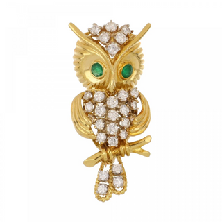 18K Gold Emeralds Pin with Diamonds