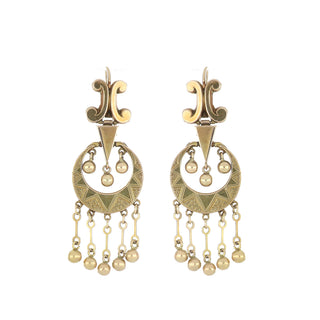 Victorian 10K Gold Crescent Drop Earrings with Beaded Fringe