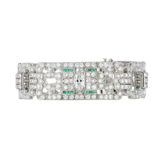 Art Deco Platinum Diamond Link Bracelet with Emeralds