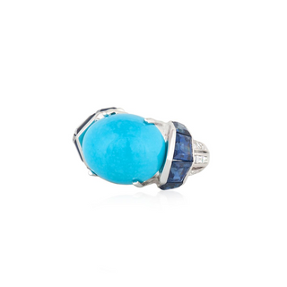 Vintage/Estate White Platinum Turquoise Dome Ring with Sapphires