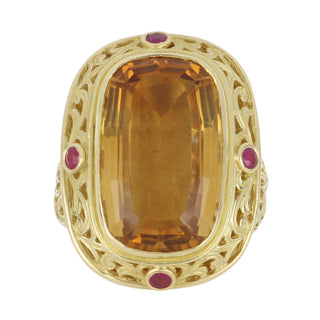 Estate 18K Gold Citrine Cocktail Ring with Rubies