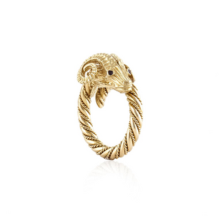 Vintage 1990s 18K Gold Ram's Head Ring with Rubies