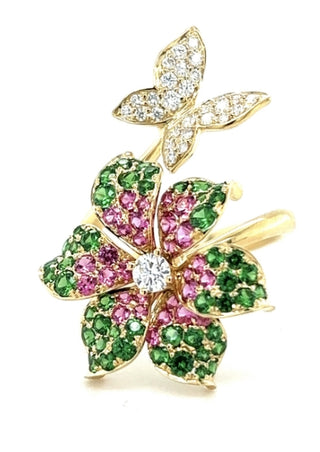 Lisa Nik 18K Gold Tsavorite Garnet Flower Ring with Pink Sapphires & Diamonds