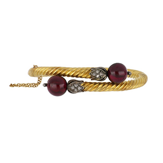 Mid Victorian 18K Gold Garnet and Diamond Bypass Bangle Bracelet