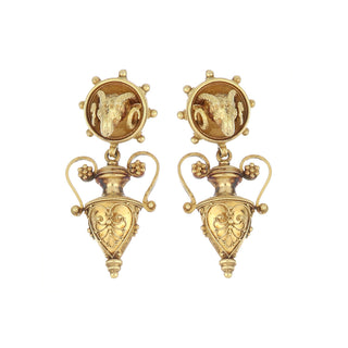 Victorian 18K Gold Etruscan Revival Drop Earrings with Ram's Head and Amphora