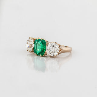 Victorian 18K Gold Emerald Three-Stone Ring with Diamonds