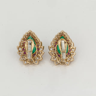 David Webb 18K Gold Emeralds Clip Earrings with Rubies