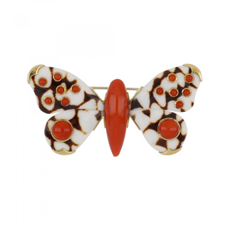 Estate Trianon 18K Gold Coral and Shell Butterfly Brooch