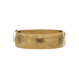 1940s Victorian Revival 14K Gold Wide Bangle with Floral Engraving