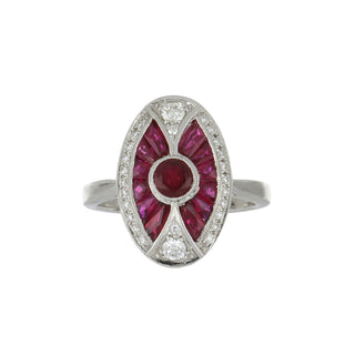 Signed 18K White Gold Rubies Navette Ring with Diamonds