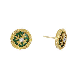 Art Nouveau 18K Gold Green Enamel Stud Earrings with Diamonds