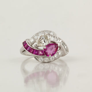 Retro Platinum Ruby and Diamond Crossover Ring