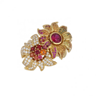 Important Estate Breguet 18K Gold Multi-Gemstone Flower Cocktail Ring