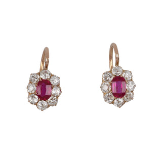 Edwardian 18K Gold No Heat Burmese Ruby and Diamond Cluster Dormeuse Earrings