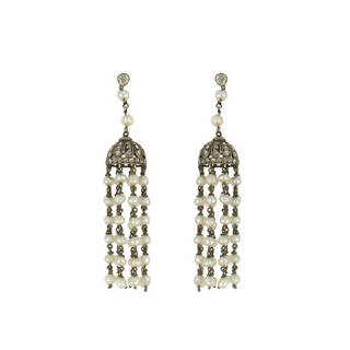 Edwardian Cultured Pearl Chandelier Tassel Earrings with Diamonds