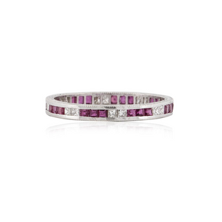 Vintage/Estate 18K White Gold Diamonds Eternity Ring with Rubies