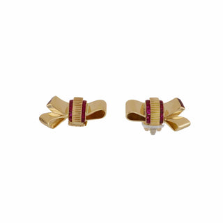 Retro 18K Gold Ribbon Earrings with Rubies