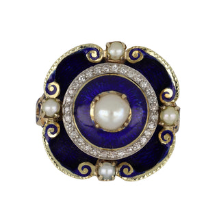 Victorian Revival Gold & Platinum Cultured Pearl Enamel Target Ring