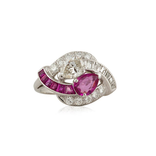 Retro Platinum Ruby and Diamond Crossover Ring