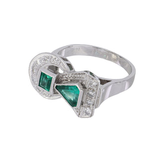 Retro 18K White Gold Emerald Ring with Diamonds