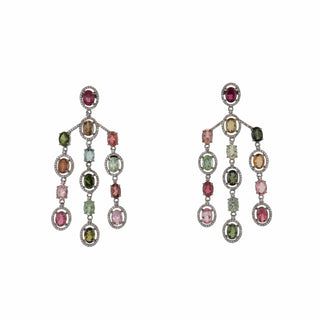 Maharaja Two-Tone Gold & Silver Quartz Multi Drop Earrings with Tourmaline