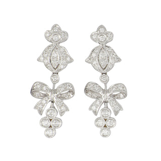 Antique-Style 18K White Gold Diamonds Ribbon Drop Earrings