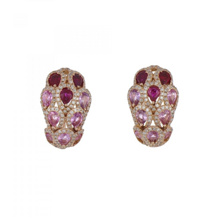 Estate Amrapali 18K Rose Gold Ruby and Pink Sapphire Peacock Tail Earrings