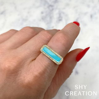 Shy Creation 14K Gold Turquoise Bar Ring with Diamonds