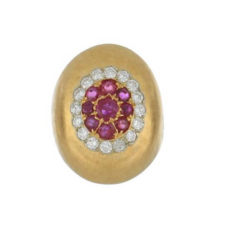 Retro 18K Gold Ruby and Diamond Cluster Bombé Ring