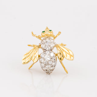 Vintage/Estate Two-Tone 18K Gold Diamonds Pin with Emeralds