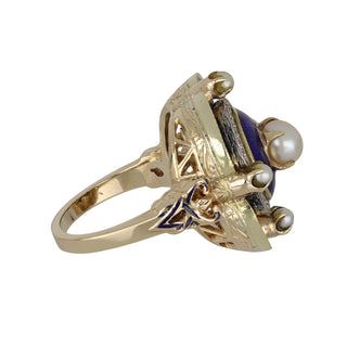 Victorian Revival Gold & Platinum Cultured Pearl Enamel Target Ring