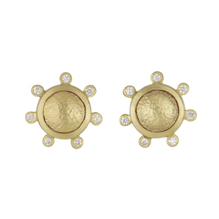 Mazza 14K Gold Hammered Button Earrings with Diamonds