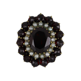 Retro 14K Gold Garnet Cluster Ring with Pearls