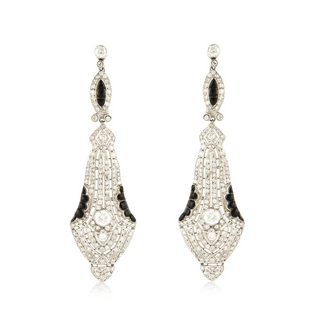 Art Deco Platinum Diamond Drop Earrings with Onyx