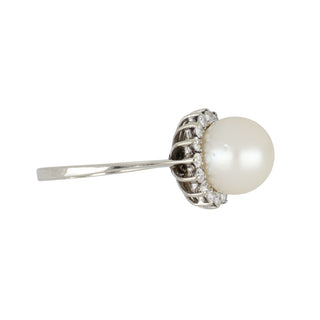 Mid-Century 14K White Gold South Sea Pearl Ring with Diamonds