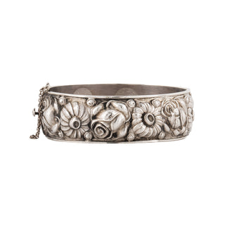 1940s Victorian Revival Sterling Silver Repoussé Flower Bangle Bracelet