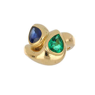 Rene Boivin 18K Gold Sapphire Crossover Ring with Emerald