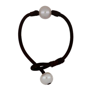 Vincent Peach Brown Leather Freshwater Pearl Station Bracelet