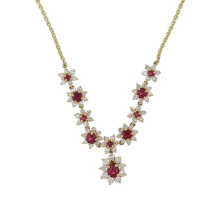 Vintage 1990s 14K Gold Ruby and Diamond Cluster Drop Necklace