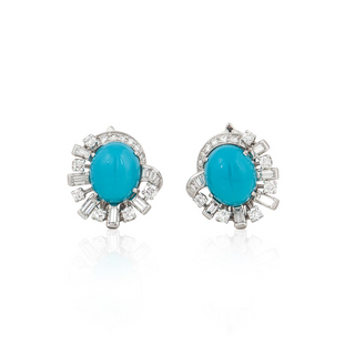 Vintage/Estate Platinum Turquoises Clip Earrings with Diamonds