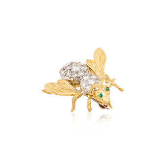 Vintage/Estate Two-Tone 18K Gold Diamonds Pin with Emeralds