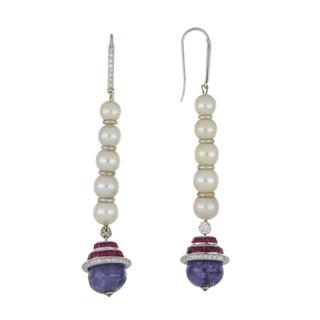 Estate Hanut Singh 18K White Gold Akoya Pearl, Tanzanite and Ruby Drop Earrings